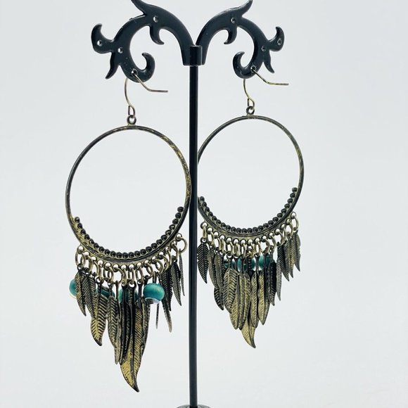 Feather Drop Hoop Earrings Pierced Gold Tone Faux Turquoise Beads Ethnic Native - Picture 7 of 8